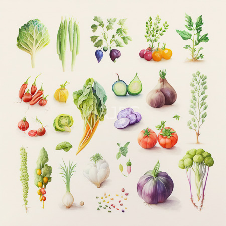 High Resolution: Intricate watercolor illustration features broccoli florets leafy celery stalks purple eggplants and yellow tomatoes on a beige background download. | HRJPG.com