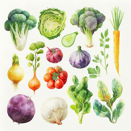 High Resolution: Intricate watercolor illustration features broccoli florets thick stems cabbage head with layered leaves and a purple cauliflower bulb with texture lines download. | HRJPG.com