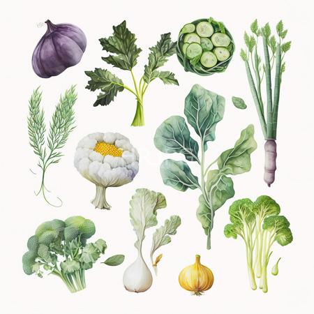 High Resolution: Intricate watercolor illustration features a purple garlic bulb kale leaves cucumber slices tall celery stalks leafy broccoli and large cauliflower download. | HRJPG.com