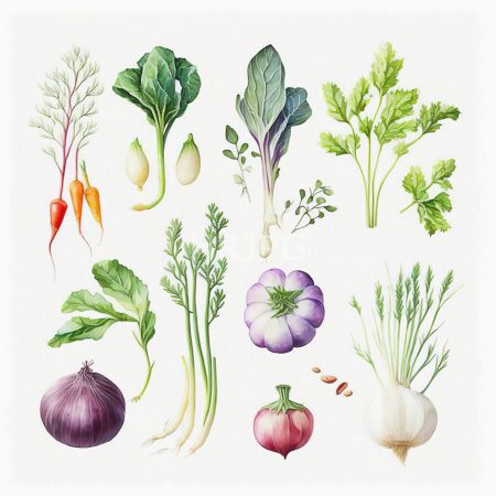 High Resolution: Intricate watercolor-style illustration features carrots with orange tops green cabbage leaves paired with purple-veined stems and leafy parsley clusters download. | HRJPG.com