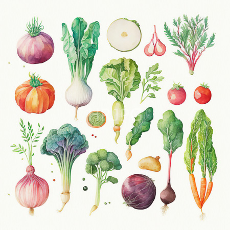 High Resolution: Intricate watercolor collection features red onions orange pumpkins and garlic bulbs arranged on a simple white background with no additional objects download. | HRJPG.com
