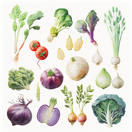 High Resolution: Intricate digital illustration features carrots with green leaves and roots tomatoes showing star-shaped tops and purple onions both whole and sliced download. | HRJPG.com