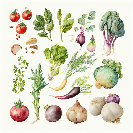 High Resolution: Intricate watercolor collection features red tomatoes leafy greens like kale and spinach and purple onions with green stems attached download. | HRJPG.com