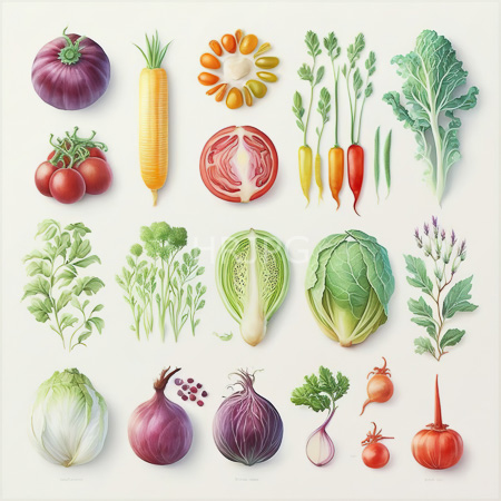 High Resolution: Intricate digital illustration features purple onions yellow corn on the cob adorned by green leaves and orange sunflowers in bloom without petals download. | HRJPG.com
