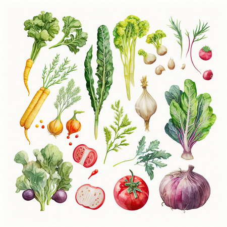 High Resolution: Intricate watercolor collection features carrots with green tops leafy kale stalks celery leaves and curly-leafed broccoli florets in a colorful assortment download. | HRJPG.com