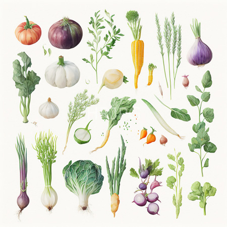 High Resolution: Intricate watercolor collection features red and purple pumpkins onions with green tops and a cut carrot showing its interior on a white background download. | HRJPG.com