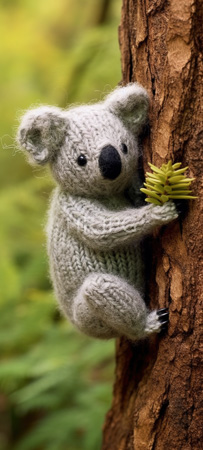 High Resolution: Intricately knitted gray marsupial toy clings to a textured tree trunk holding small green pine needles in its hand against a blurred forest background download. | HRJPG.com