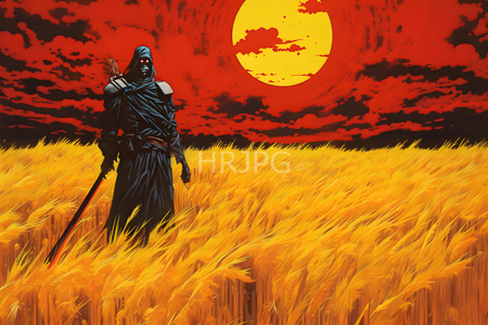 High Resolution: Armored hooded figure with glowing red eyes stands in a golden wheat field under an intense orange-red sunset sky with a large celestial body download. | HRJPG.com