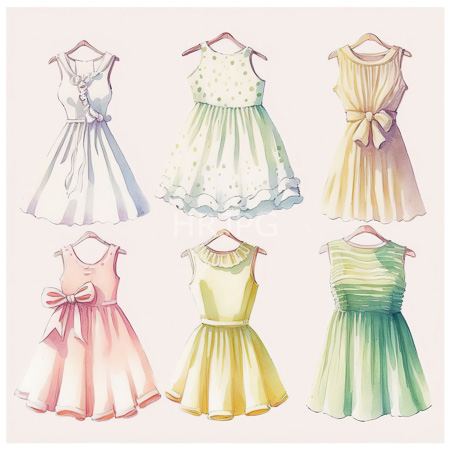 High Resolution: Watercolor illustration features six sleeveless dresses on wooden hangers against an off-white background varying by color and patterns including lace detailing download. | HRJPG.com
