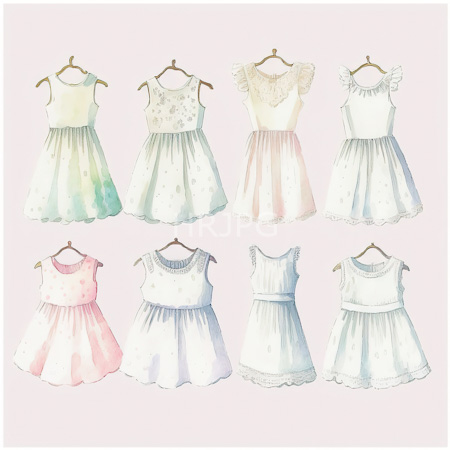 High Resolution: Watercolor illustration features eight sleeveless children's dresses in pastel colors and floral patterns with lace details at the necks or hems download. | HRJPG.com