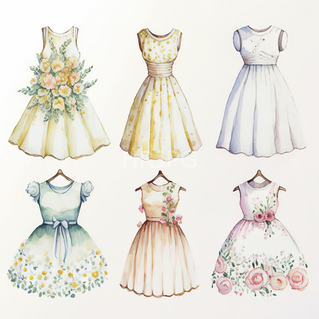 High Resolution: Watercolor illustration features six elegant sleeveless dresses on wooden hangers a floral yellow dress with a bouquet and polka-dot designs in pale colors download. | HRJPG.com