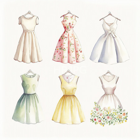 High Resolution: Elegant watercolor illustration features six sleeveless knee-length dresses on hangers including two floral pink and one solid cream dress with subtle ruffles download. | HRJPG.com