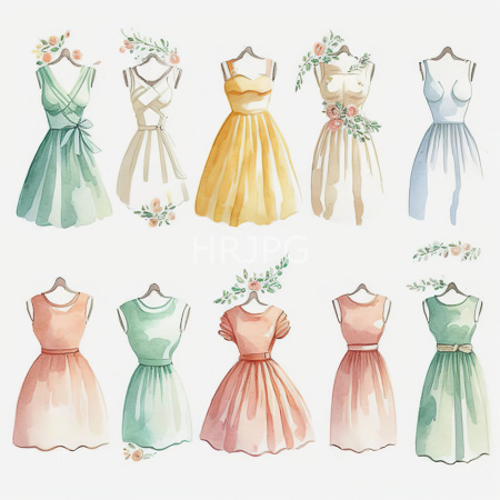 High Resolution: Watercolor illustration features twelve sleeveless dresses on wooden hangers with green and cream floral designs and pink peachy-orange mint-green styles download. | HRJPG.com
