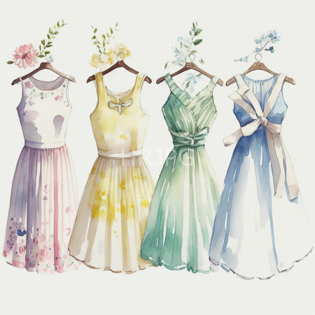 High Resolution: Watercolor illustration features five sleeveless dresses on wooden hangers each adorned with floral headpieces matching their colors and patterns download. | HRJPG.com