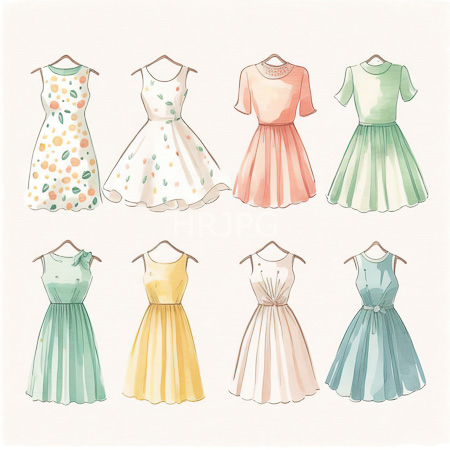 High Resolution: Drawing features eight sleeveless dresses on wooden hangers with various patterns and colors including polka dots and floral prints with ruffled skirts download. | HRJPG.com