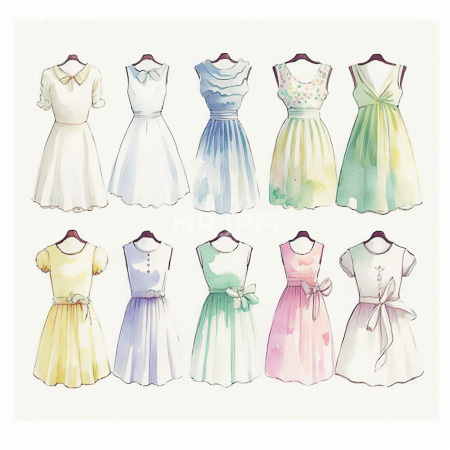 High Resolution: Watercolor illustration features twelve sleeveless and short-sleeved dresses on wooden hangers varying by color and style including A-line skirts with bows download. | HRJPG.com