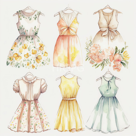 High Resolution: Watercolor illustration features six sleeveless dresses on hangers with unique patterns a floral yellow dress a peach bow-dress and a pink flower-patterned white dress download. | HRJPG.com