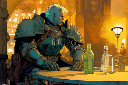 High Resolution: Armored muscular figure with white hair and blue skin sits at a round table in a warm-lit medieval tavern with heavy steel armor and green glass bottles download. | HRJPG.com