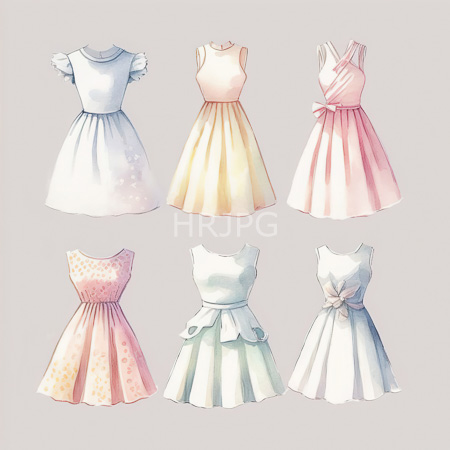 High Resolution: Drawing features six pastel-colored sleeveless dresses with unique patterns and bows including white with subtle sparkles and solid yellow center row download. | HRJPG.com