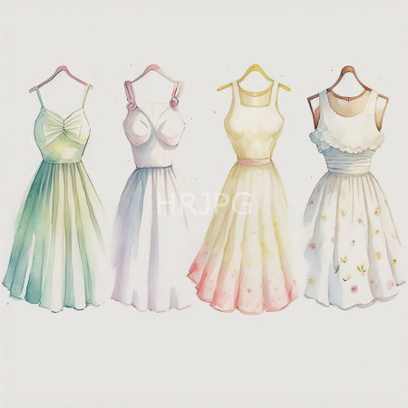 High Resolution: Watercolor illustration features five sleeveless dresses on wooden hangers each in pastel shades and styles including green with bow detail and yellow floral patterned dress download. | HRJPG.com