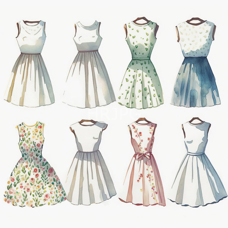 High Resolution: Watercolor illustration features eight sleeveless dresses on wooden hangers with various patterns including floral prints and solid colors like green download. | HRJPG.com
