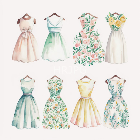 High Resolution: Watercolor illustration features eight sleeveless dresses on wooden hangers including pastel pink and green with a bow tie front and mint-green center-dress download. | HRJPG.com