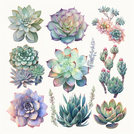 High Resolution: Intricate watercolor illustration features twelve distinct succulent plants with unique shapes and colors including rosette-shaped green to purple-leafed species download. | HRJPG.com
