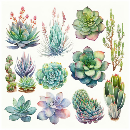High Resolution: Intricate watercolor painting features twelve distinct succulent plants rosette-shaped green cacti with pink edges and tall blue-green spiky stems topped by small flowers download. | HRJPG.com