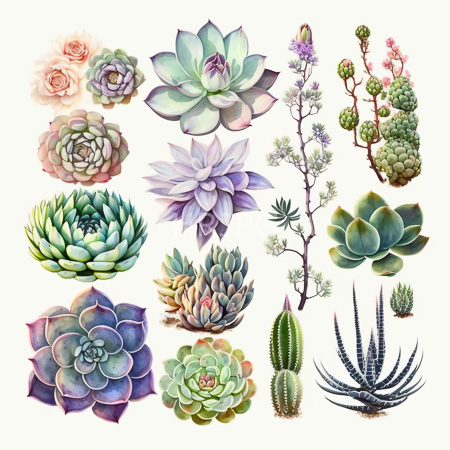 High Resolution: Illustration features various succulents and cacti showcasing diverse shapes and colors including rosette-shaped organisms in pastel pinks to purples download. | HRJPG.com