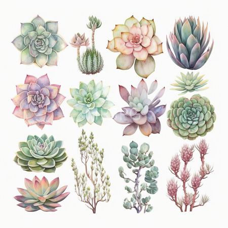 High Resolution: Intricate watercolor illustration features sixteen distinct succulent plants including rosette-shaped ones in pastel greens pinks purples and tall cacti-like forms download. | HRJPG.com