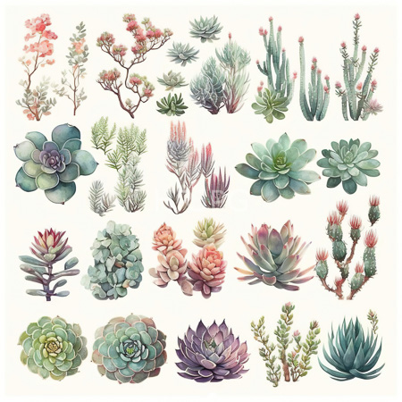 High Resolution: Intricate watercolor illustration features various succulent plants in soft pastel hues of green pink purple and beige including cacti with small flowers download. | HRJPG.com