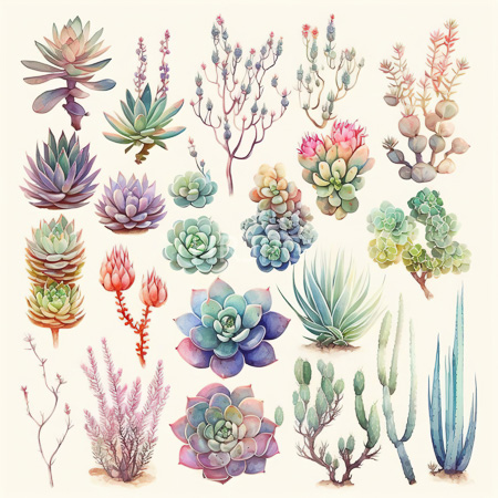 High Resolution: Intricate watercolor-style illustration features various succulent plants in vibrant hues of green pink purple and blue including rosette-shaped cacti with layered petals download. | HRJPG.com