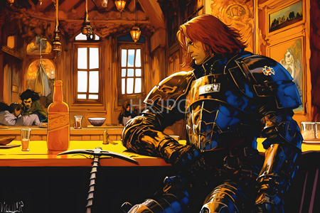 High Resolution: Armored warrior with red hair blue and black metallic armor sits at a wooden tavern bar with warm light and patrons drinking in a cozy wood-paneled room download. | HRJPG.com