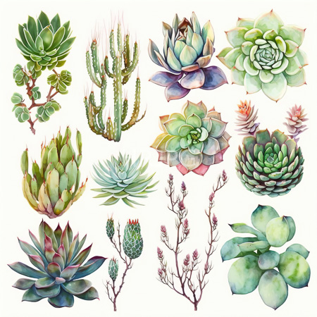 High Resolution: Watercolor illustration features various succulent plants including agave species with green and blue hues and rosette forms ranging from small clusters to large flat shapes download. | HRJPG.com
