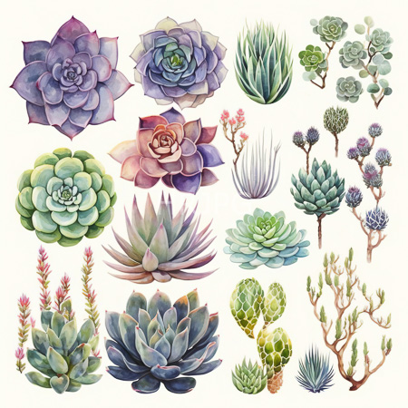High Resolution: Intricate watercolor illustration features various succulent plants in vibrant detailed shades of green purple blue and pink including rosette-shaped cacti with layered petals download. | HRJPG.com