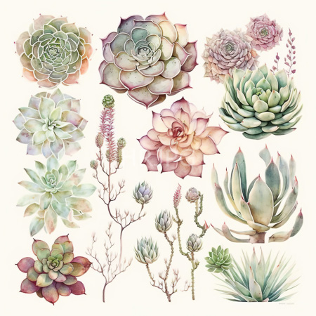 High Resolution: Intricate watercolor illustration features various succulent plants including rosette-shaped cacti in shades of green to pinkish-purple and layered leaf structures download. | HRJPG.com