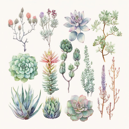High Resolution: Intricate watercolor illustration features various succulent plants and thorny shrubs each with distinct shapes and colors including rosette-shaped green cacti download. | HRJPG.com