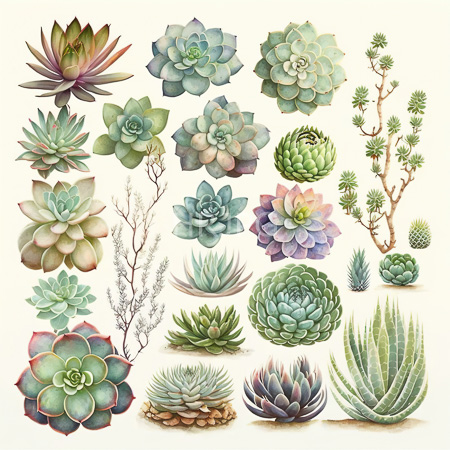 High Resolution: Intricate watercolor illustration features various succulent plants in different shapes and colors including rosette-shaped cacti with hues of green to purple and red or pink edges download. | HRJPG.com