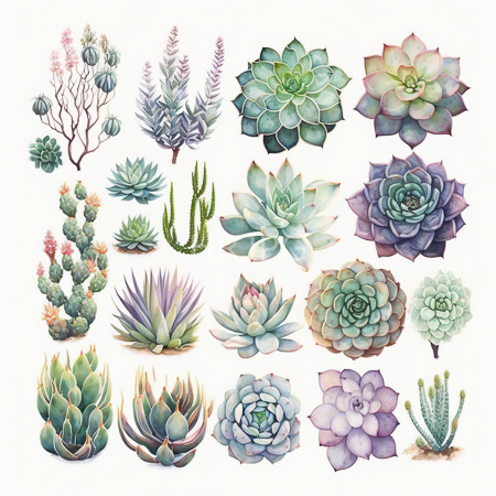 High Resolution: Watercolor illustration features various succulent plants showcasing diverse shapes and colors including rosette-shaped species in shades like green-blue to purple-pink download. | HRJPG.com