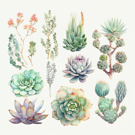 High Resolution: Intricate watercolor illustration features various succulent plants and flowers meticulously detailed with soft pastel colors including agave-like rosettes and small pink blossoms download. | HRJPG.com