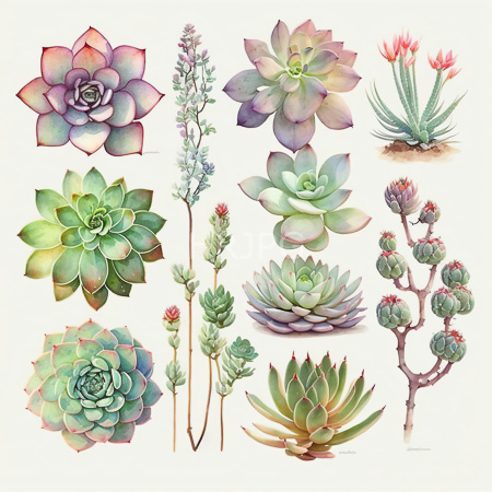 High Resolution: Intricate watercolor illustration features twelve distinct succulent plants including rosette-shaped agaves in shades of purple to green and tall slender stalks adorned by small flowers download. | HRJPG.com