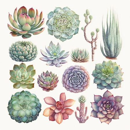 High Resolution: Intricate watercolor illustration features twelve distinct succulent plants including rosette-shaped agaves in shades of green to pinkish-red and layered fleshy leaves download. | HRJPG.com