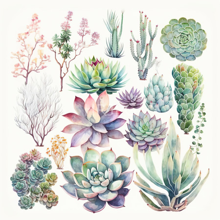 High Resolution: Intricate watercolor illustration features various succulent plants and small trees rendered in soft pastel hues including pinkish-purple blue-green yellow-orange and white rosettes download. | HRJPG.com