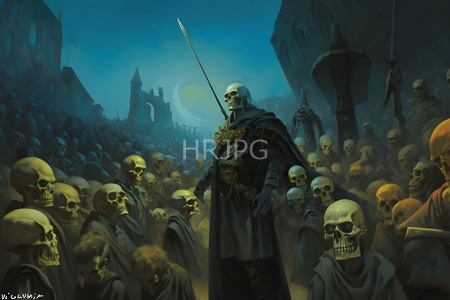 High Resolution: Eerie dark fantasy scene features numerous human skulls in hooded robes filling the foreground and background under blue twilight skies with a skeletal warrior holding a sword download. | HRJPG.com