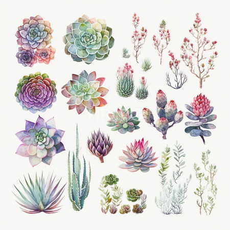 High Resolution: Intricate watercolor illustration features various succulent plants and small flowering trees arranged in no particular order with vibrant shades of green pink purple red blue download. | HRJPG.com
