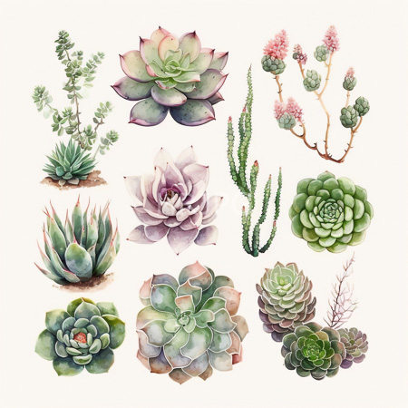 High Resolution: Watercolor illustration features twelve distinct succulent plants with various shapes and colors including green to purple hues with pink accents and cacti-like rosettes download. | HRJPG.com