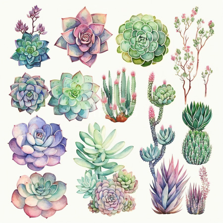 High Resolution: Watercolor illustration features various succulents and cacti with vibrant colors like green pinkish-purple blue-green hues and different shapes including rosettes and cylindrical forms download. | HRJPG.com