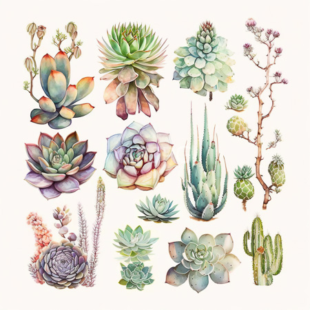High Resolution: Intricate watercolor illustration features various succulent plants and cacti including rosette-shaped agaves in shades of green to purple and layered-leafed forms download. | HRJPG.com