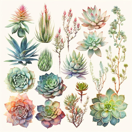 High Resolution: Intricate watercolor illustration features various succulent plants including rosette-shaped cacti in shades of green to pinkish-red and tall spiky ones resembling agave download. | HRJPG.com