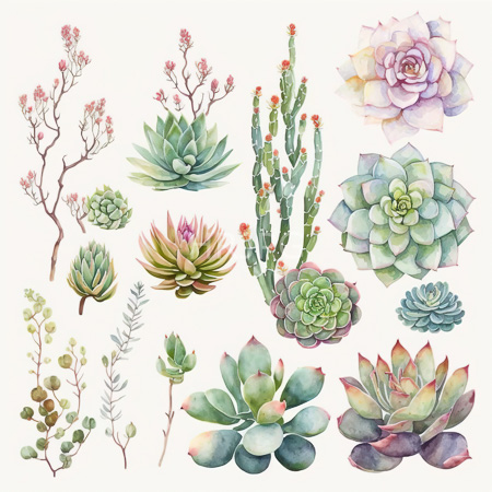 High Resolution: Watercolor illustration features various succulents and cacti including agave plants with green to pinkish leaves and rosette-shaped species in shades from blue-green to purple-red hues download. | HRJPG.com